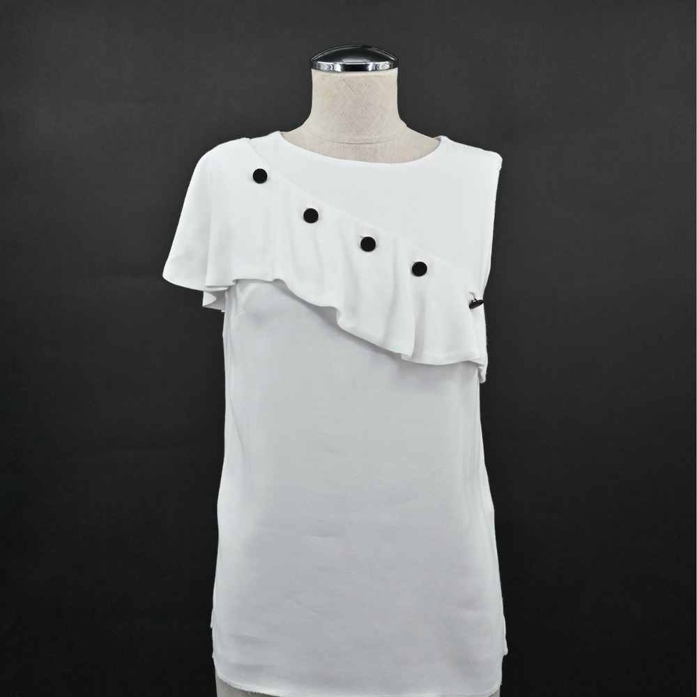 MAJE Womens Lorena White Ruffle Top Size S Sleeveless Coquette Black Buttons - Picture 1 of 14